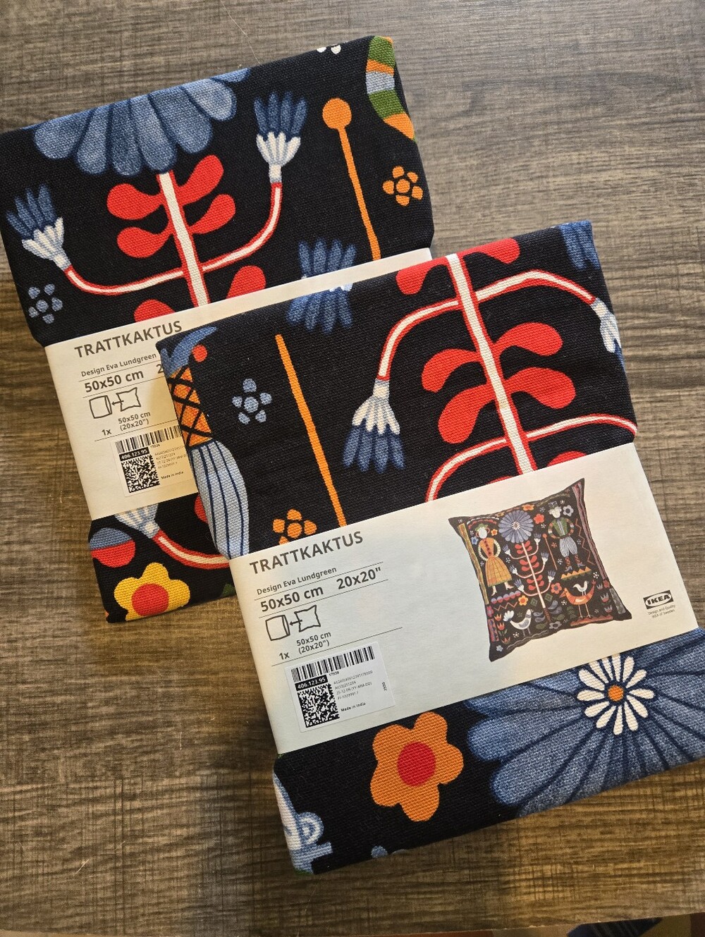 2 TRATTAKTUS Pillow Cover in Black with Orange, Blue & Yellow Floral Accents